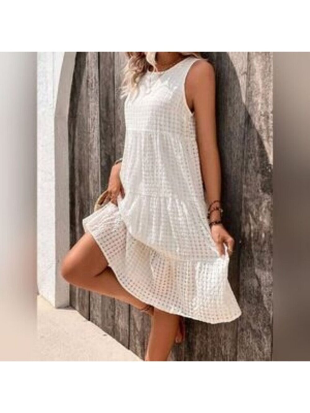 New Flowy Gingham Sleeveless Tiered Ruffle Smock Dress White